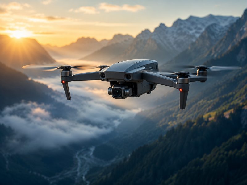 Camera drone hovering above misty mountain valley