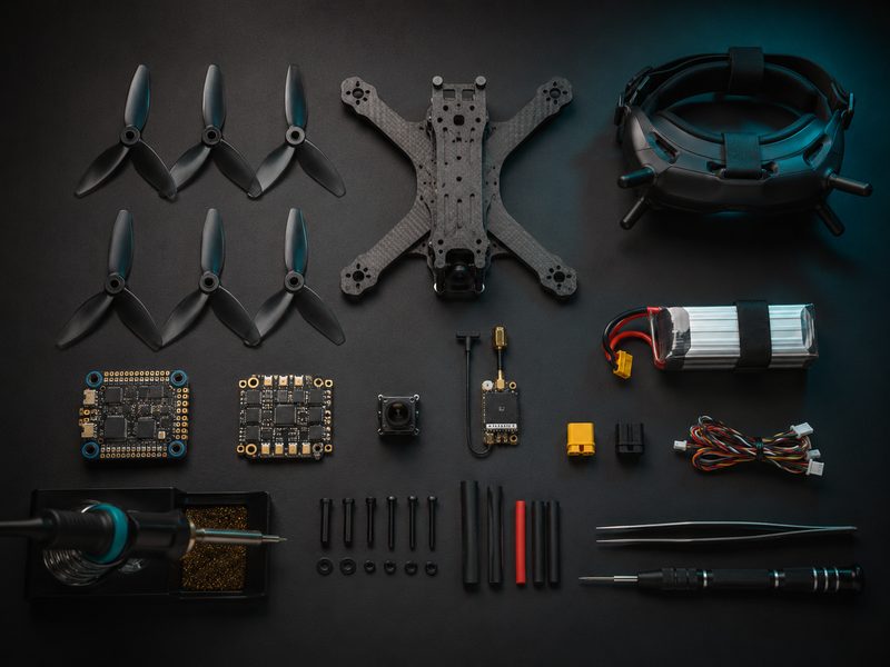Drone parts and components flat lay